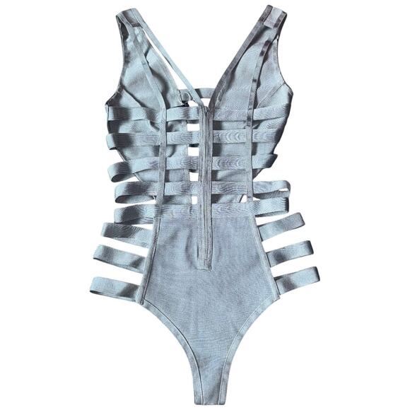 NEW WOW Couture SILVER Sexy Strappy Cheeky Bandage One Piece Swimsuit Size Small - Picture 6 of 10